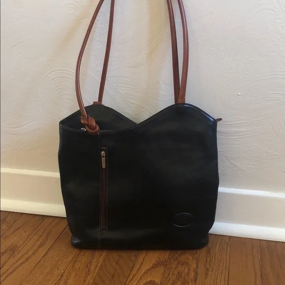 Vera Pelle Italian Leather Black/Brown Shoulder Backpack Bag - Picture 14 of 16